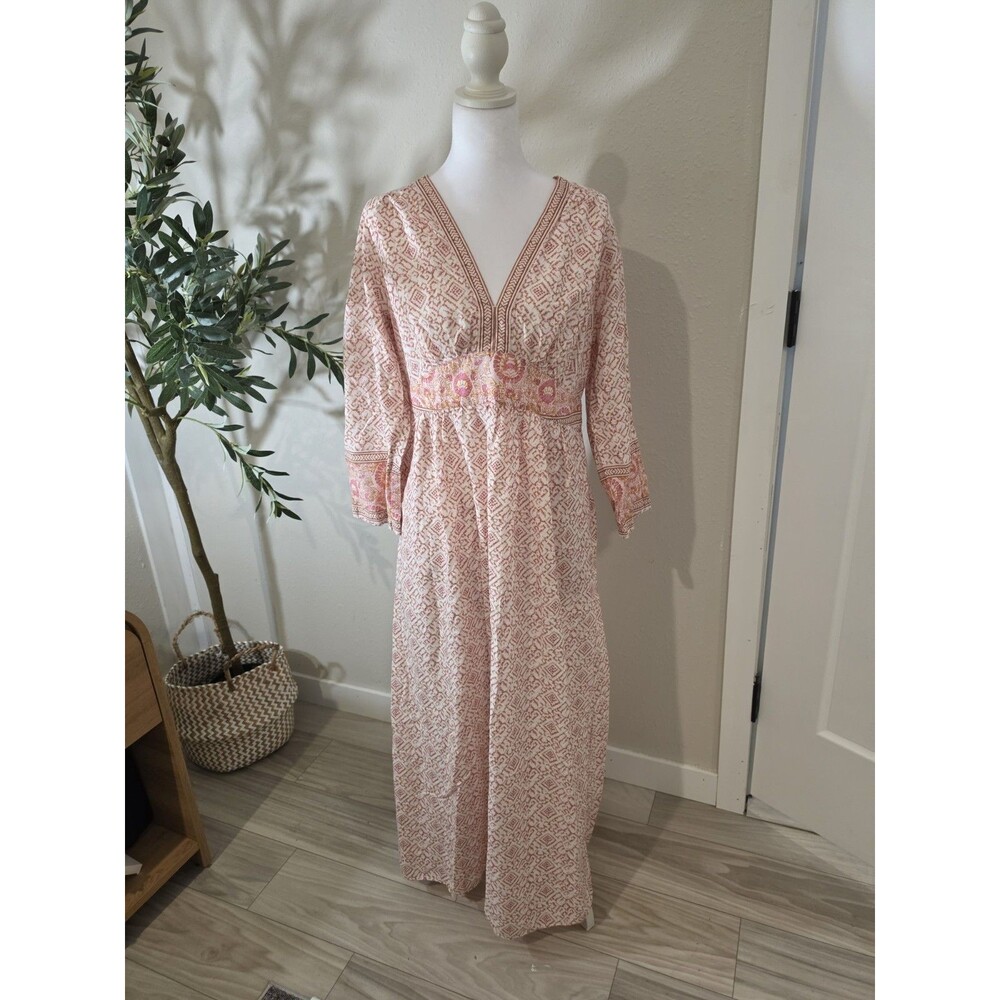 Xirena Women’s Large Cotton Maxi Dress Boho Block Print Pink Brown Lightweight